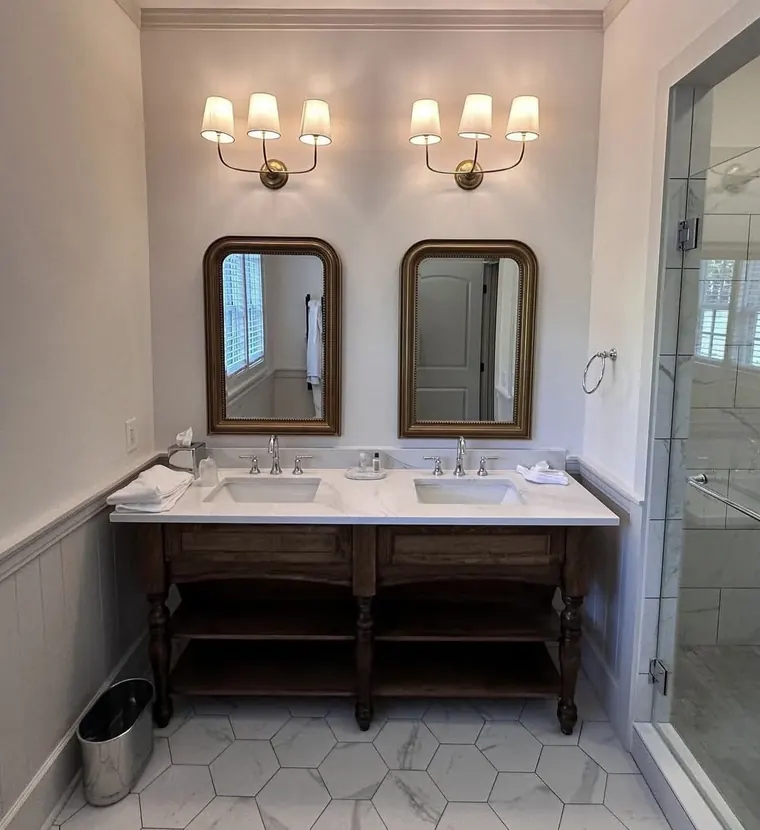Double vanity and hex tile floor